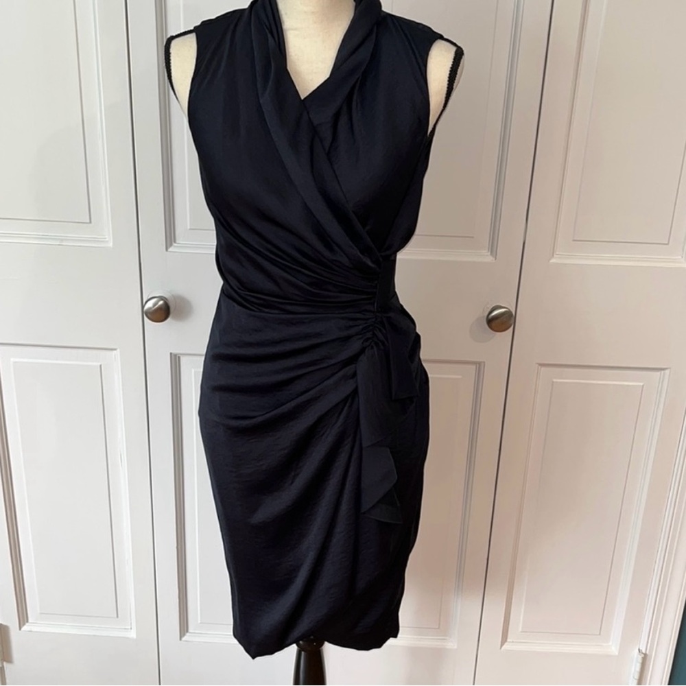 All Saints Ruched Cancity Draped Wrap Sleeveless Dress Navy Blue US 4 - Picture 3 of 8